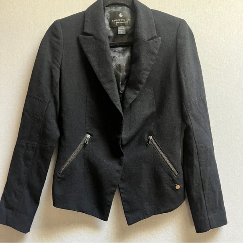 Maison Scotch Wool Tuxedo Blazer Black Zip Pocket Jacket Size S